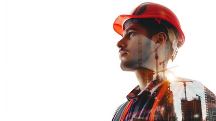 Obraz premium Double exposure of a Hispanic man in red hard hat stands with hands on hips