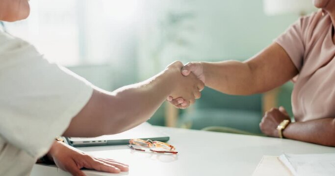 People, office and client for handshake and greeting, thank you or welcome for interview and meeting. Introduction or consultation for job opportunity, hire or collaboration agreement or negotiation