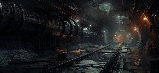 a dark industrial area with pipes and machinery