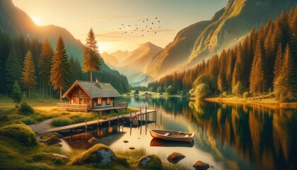 A peaceful painting of a tranquil lake with a solitary boat gently floating on its crystal-clear waters - obrazy, fototapety, plakaty