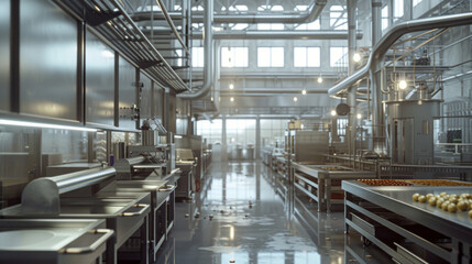 A modern food processing plant with stainless steel machinery, packaging lines, and quality control stations, momentarily still but capable of producing a wide range of food products