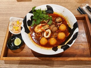 One of the signature ramen from a ramen specialist restaurant. Seafood Tom Yum Ramen.