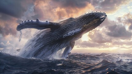 Majestic humpback whale breaching in ultra wide angle shot with dramatic strobe light - obrazy, fototapety, plakaty