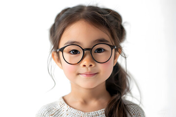 Fototapeta premium Closeup portrait of beautiful asian kid girl wearing eyeglasses, isolated on a white background