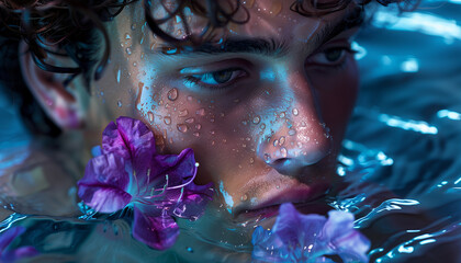 Close-up of a young man's face partially submerged in water with vibrant purple flowers,...