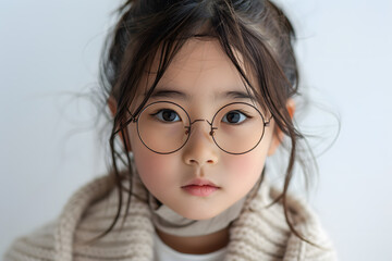 Fototapeta premium Closeup portrait of beautiful asian kid girl wearing eyeglasses, isolated on a white background
