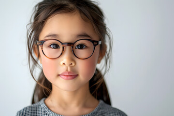 Closeup portrait of beautiful asian kid girl wearing  eyeglasses, isolated on a white background