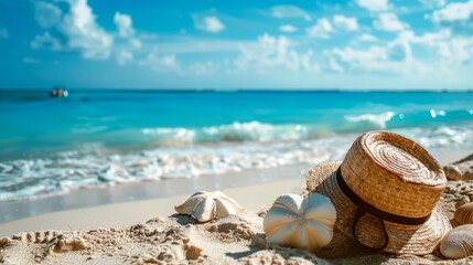 a straw hat and seashells on a beach with a blue sky and ocean in the background