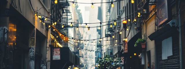 a city street with a string of lights strung over it