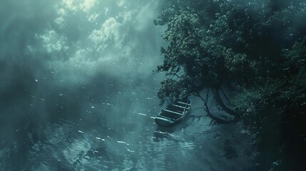 a boat floating on top of a body of water next to a forest filled with trees and clouds in the sky