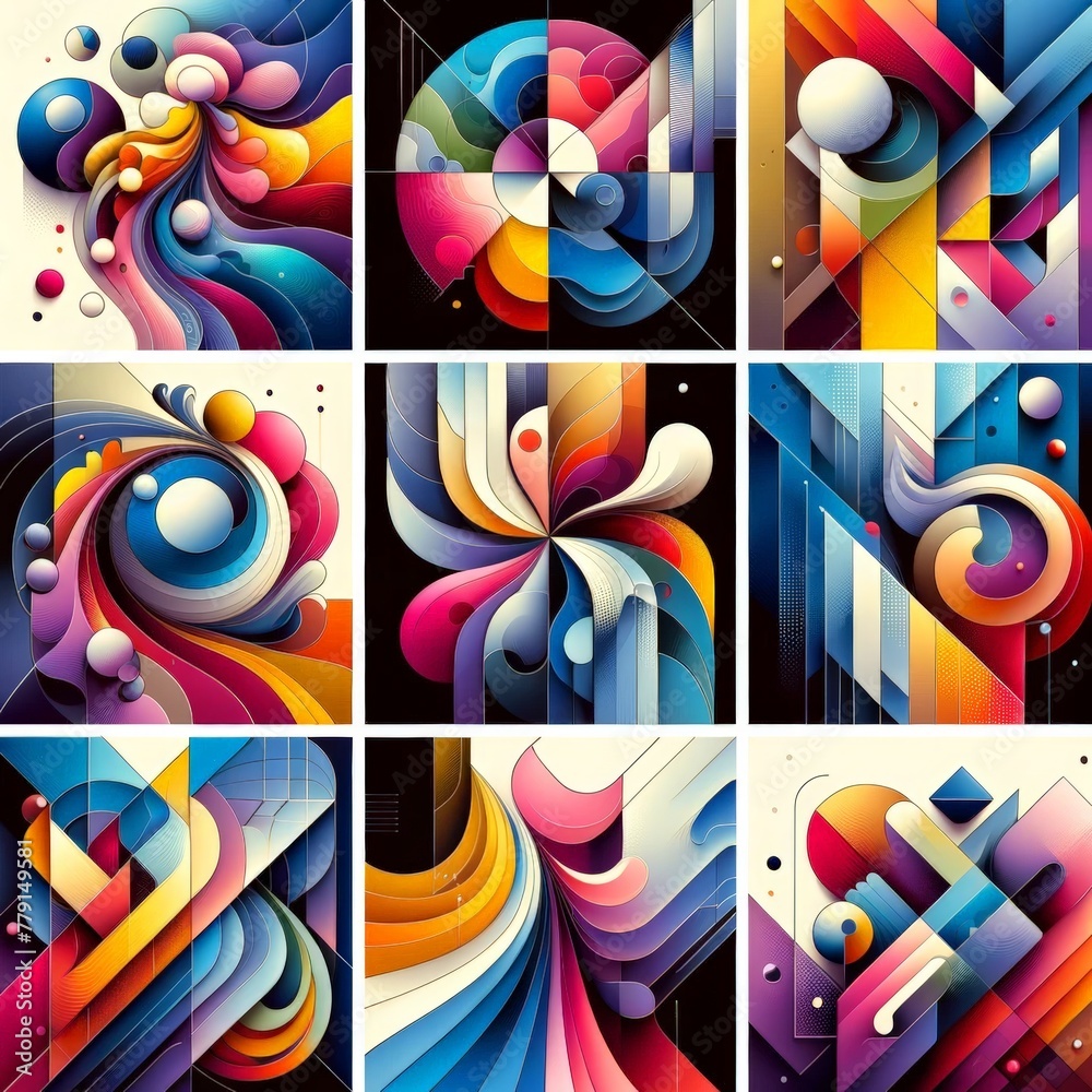Aufkleber A mesmerizing array of colorful abstract designs blending shapes, lines, and hues in a harmonious dance of creativity