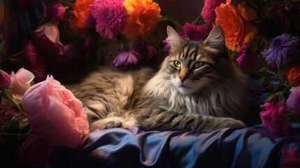 A fluffy cat lays on a blue cloth in front of a bouquet of colorful flowers. - Powered by Adobe