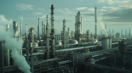 An expansive oil refinery with towering distillation columns, storage tanks, and pipelines, temporarily at rest but ready to process crude oil into various petroleum derivatives