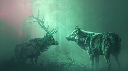 Mystic Encounter: Ethereal Stag Meets Wolf in Misty Dreamscape.