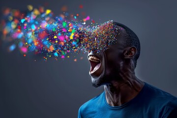 A man is screaming as multicolored sprinkles burst from his head like a whimsical fountain - obrazy, fototapety, plakaty