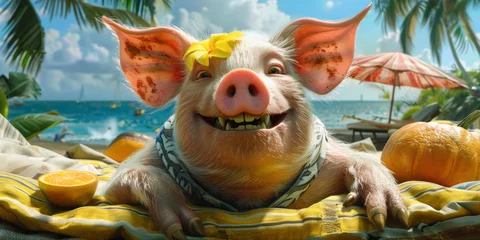 Fotobehang Happy pig lies on the beach under the palm trees. Cheerful pig resting on the sea © Iryna