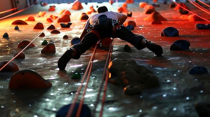 a man climbing up a rock wall with a rope and harness - obrazy, fototapety, plakaty