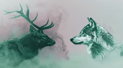 Mystic Encounter: Ethereal Stag Meets Wolf in Misty Dreamscape.