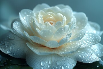A delicate white flower adorned with sparkling water droplets, reflecting the beauty of natures artistry