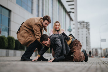 Concerned young business associates aid a male colleague who has fallen on an urban sidewalk.
