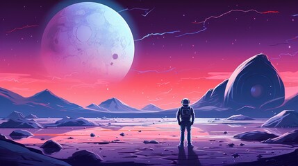 An astronaut standing on a barren, rocky planet under a pink and purple sky. A large planet, possibly the moon, looms in the sky. The astronaut is wearing a spacesuit.