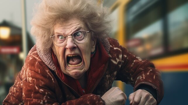 An old woman with wild hair and glasses is wearing a red coat and has her fists clenched. She looks angry and is in front of a yellow bus. - Powered by Adobe