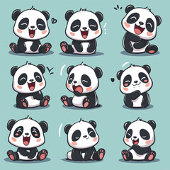 Animated baby pandas on teal, showing emotions.
