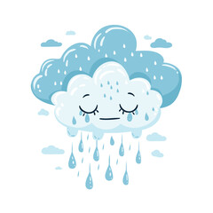  Serene blue cloud raining, cartoon style.
