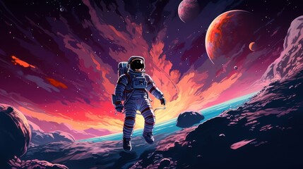 An astronaut walking on a rocky planet against a red-orange sky. The astronaut is wearing a spacesuit. Two planets are visible in the sky: one on the right, the other on the left. - obrazy, fototapety, plakaty