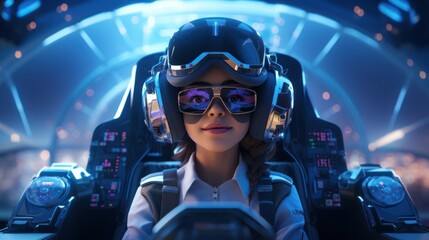 A girl is wearing a helmet and goggles, sitting in a cockpit. She has brown hair and big eyes. The background is blue and there are buttons and dials around the cockpit.