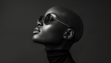 Elegant monochrome portrait of a woman with sunglasses, showcasing a bold and stylish look against a grey background - obrazy, fototapety, plakaty