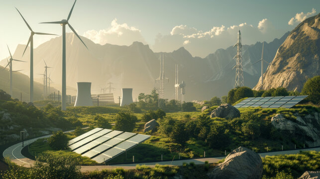 A state-of-the-art renewable energy facility with solar panels, wind turbines, and energy storage systems, temporarily quiet but ready to generate clean electricity