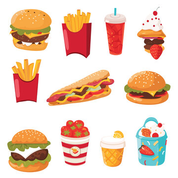 Colorful cartoon fast food collection.

