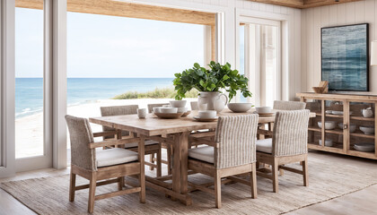 Fototapeta na wymiar Dining room with table and chairs on the beach. 3d rendering
