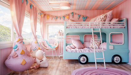 Children's bedroom with a wooden bunk bed and a pink canopy.