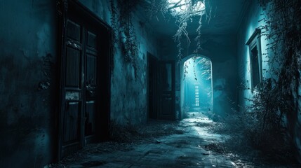 A dimly lit corridor with cobwebs and climbing plants in blue tones. - obrazy, fototapety, plakaty