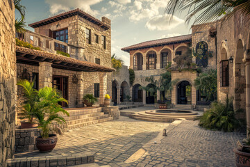 Stone houses that have been restored and restored to a modern design. - obrazy, fototapety, plakaty