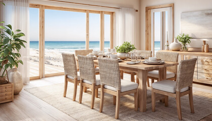 Fototapeta na wymiar Dining room interior with beach view. 3d rendering mock up