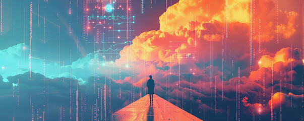 A solitary figure stands at edge of pathway leading to vibrant cloud-circuitry interface, representing intersection of human contemplation and expanse of digital technology