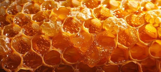 Golden Honeycomb with honey close up. Natural pattern. Texture. Concept of apiculture, natural design, beekeeping, organic honey production, bee craft. Abstract background. Copy space. Wide Banner - obrazy, fototapety, plakaty