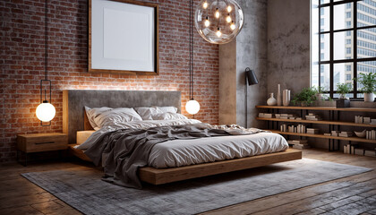 Interior of loft bedroom with brick wall and wooden bed with Elegant Photo Frame mockup. 3d...