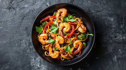 Savor the delectable stir fry noodles, brimming with fresh vegetables and succulent shrimps. Presented in a sleek black bowl against a slate backdrop, this dish is a visual delight. - obrazy, fototapety, plakaty