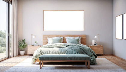 Interior of modern bedroom with wooden bed with Elegant Photo Frame mockup. 3d render.