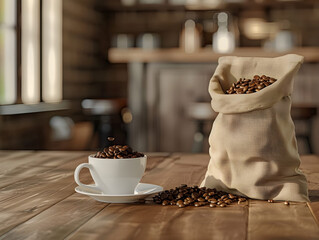 A wooden table with a bag of coffee beans and a cup - Ai Generated