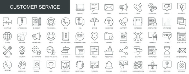 Customer service web icons set in thin line design. Pack of feedback, online help, technical support, call, chatting, processing, solution, faq, other outline stroke pictograms. Vector illustration.