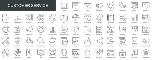 Outdoor-Kissen Customer service web icons set in thin line design. Pack of feedback, online help, technical support, call, chatting, processing, solution, faq, other outline stroke pictograms. Vector illustration. © alexdndz