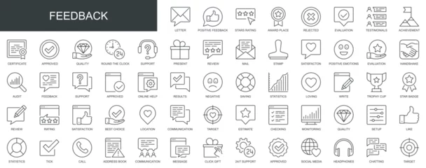 Selbstklebende Fototapeten Feedback web icons set in thin line design. Pack of review, business, satisfaction, survey, comment, rating, award place, evaluation, achievement, other outline stroke pictograms. Vector illustration. © alexdndz