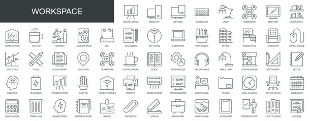 Fototapeta na wymiar Workspace web icons set in thin line design. Pack of office, workplace, computer, teamwork, statistic, tools, brainstorm, presentation, document, other outline stroke pictograms. Vector illustration.