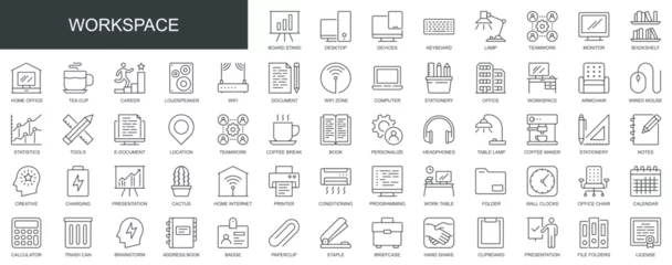 Foto auf Leinwand Workspace web icons set in thin line design. Pack of office, workplace, computer, teamwork, statistic, tools, brainstorm, presentation, document, other outline stroke pictograms. Vector illustration. © alexdndz