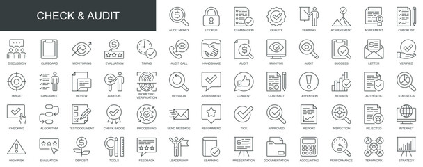 Fototapeta na wymiar Check and audit web icons set in thin line design. Pack of money examination, quality, result, discussion, monitoring, evaluation, review, target, other outline stroke pictograms. Vector illustration.